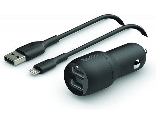 Автомобильное зарядное устройство Belkin DUAL USB-A CAR CHARGER w/ 1M PVC A-LTG, 24W, BLK