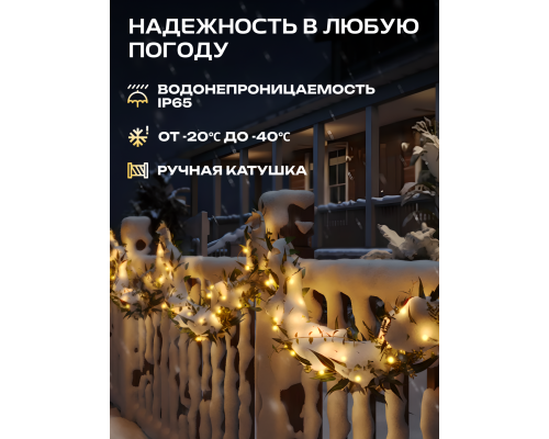 Гирлянда Smart LED Govee H70C2 Christmas Light RGB, IP65, 20м, кабель прозрачный