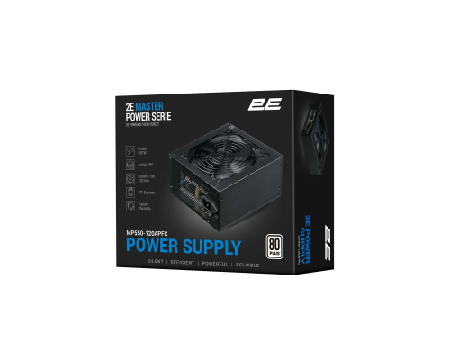 Блок питания 2E Master Power (550W), >80%, 80+ White, 120мм, 1xMB 24pin(20+4), 1xCPU 8pin(4+4), 3xMolex, 5xSATA, 2xPCIe 8pin(6+2)