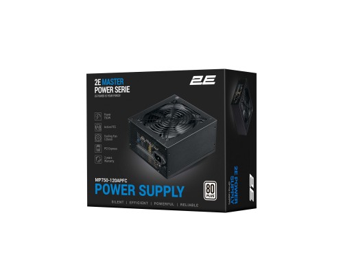 Блок питания 2E Master Power (750W), >80%, 80+ White, 120мм, 1xMB 24pin(20+4), 1xCPU 8pin(4+4), 3xMolex, 5xSATA, 4xPCIe 8pin(6+2)