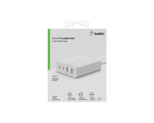 Сетевое зарядное устройство Belkin 108Вт GaN (2хUSB-C / 2хUSB-A), с кабелем 2м, белый