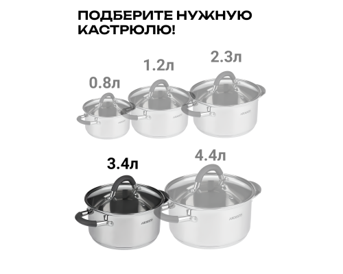 Кастрюля со стеклянной крышкой ARDESTO Gemini Salerno, 3.4л, нержавеющая сталь, силикон