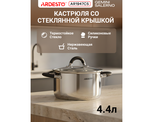Кастрюля со стеклянной крышкой ARDESTO Gemini Salerno, 4.4л, нержавеющая сталь, силикон
