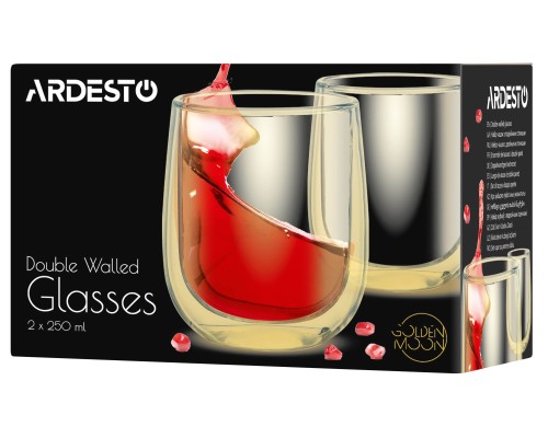 Набор чашек с двойными стенками ARDESTO Golden Moon, 250мл, 9.5см, 2шт, боросиликатное стекло, золотистый