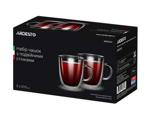 Набор чашек с ручками с двойными стенками ARDESTO, 310мл, 10.2см, 2шт, боросиликатное стекло, прозрачный