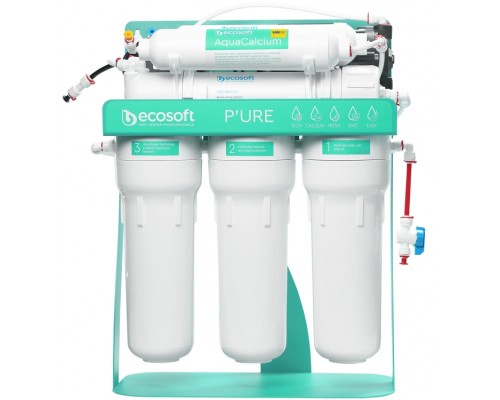 Фильтр обратного осмоса Ecosoft P'URE AquaCalcium Mint с насосом на станине, мембрана 75gpd, картридж AquaCalcium обогащает минералами, дренаж 1:1