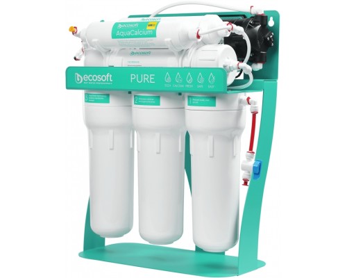Фильтр обратного осмоса Ecosoft P'URE AquaCalcium Mint с насосом на станине, мембрана 75gpd, картридж AquaCalcium обогащает минералами, дренаж 1:1