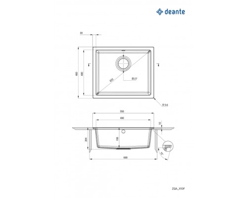 Мойка кухонная Deante Corda Flush, гранит, прямоуг., без крыла, 550х460х204мм, чаша - 1, врезная, антрацит