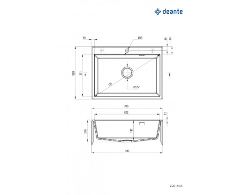 Мойка кухонная Deante Eridan, гранит, прямоуг., без крыла, 700х520х210мм, чаша - 1, врезная, алебастр
