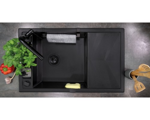 Мойка кухонная Deante Magnetic, гранит, прямоуг., с крылом, 820х500х219мм, чаша - 1, накладная, черный матовый