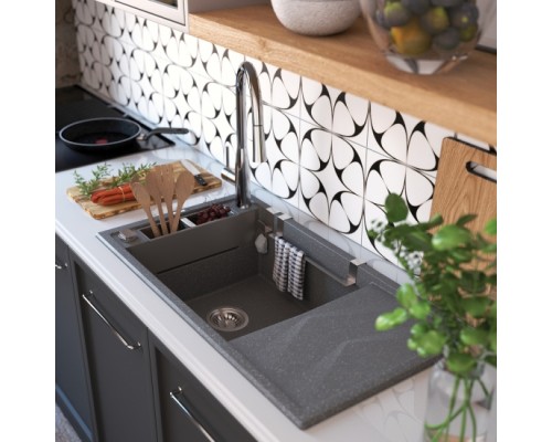 Мойка кухонная Deante Magnetic, гранит, прямоуг., с крылом, 820х500х219мм, чаша - 1, накладная, антрацит