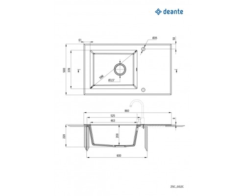 Мойка кухонная Deante Capella Precious, гранит+стекло, прямоуг., с крылом, 860х500х220мм, чаша - 1, врезная, графит, платина