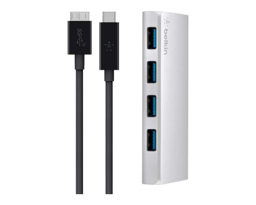 Концентратор Belkin Ultra Hub Slim Metal USB 3.0 4 порта, USB-C кабель, активный с БП, silver