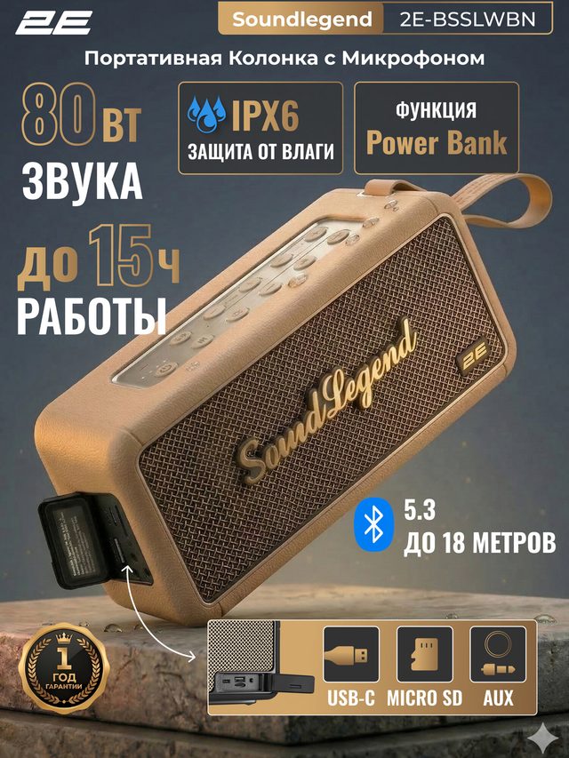 Портативная колонка 2E SoundLegend, коричневый — Фото 2