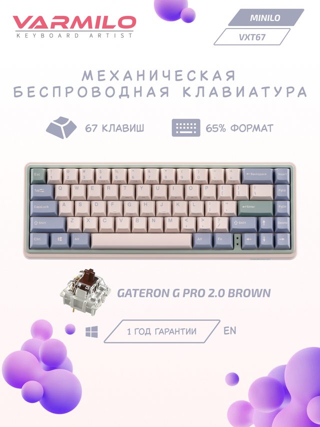 Механическая клавиатура Varmilo Minilo VXT67 Eucalyptus Gateron G Pro 2.0 Brown — Фото 2