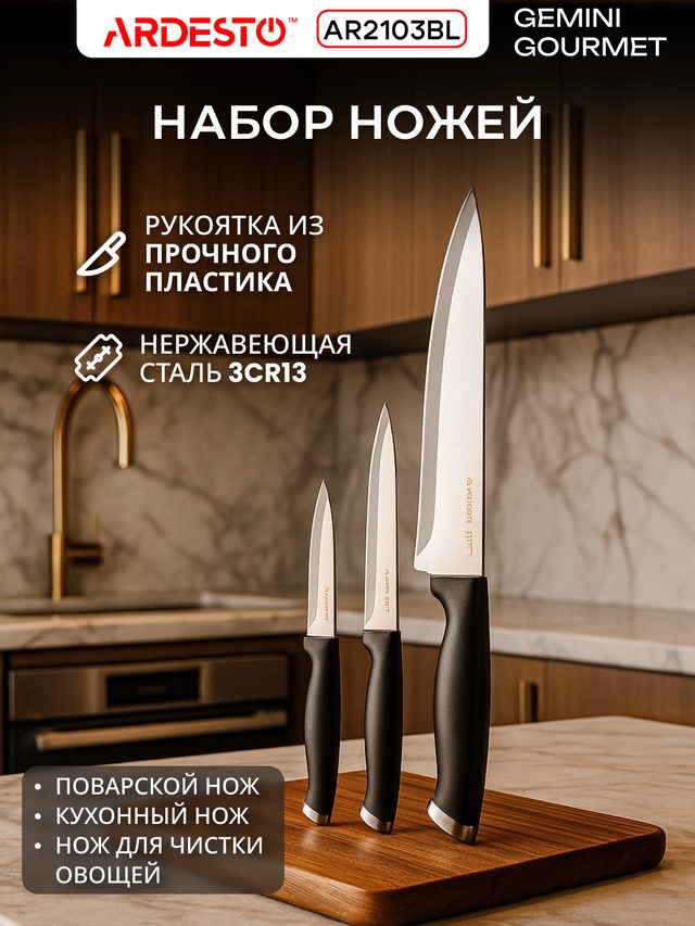 Набор ножей Ardesto Gemini Gourmet, 3 предмета, чёрный — Фото 2