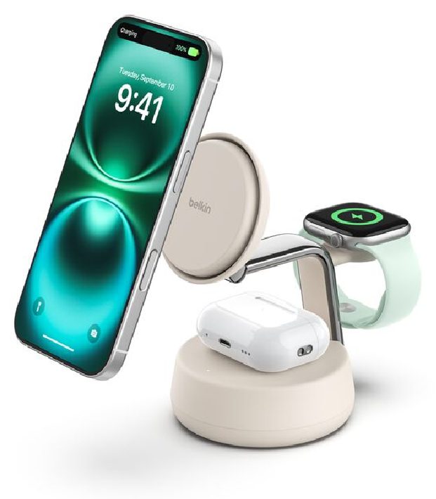 Беспроводное зарядное устройство Belkin UltraCharge Pro 3-in-1 Stand Qi2 25W, бежевый