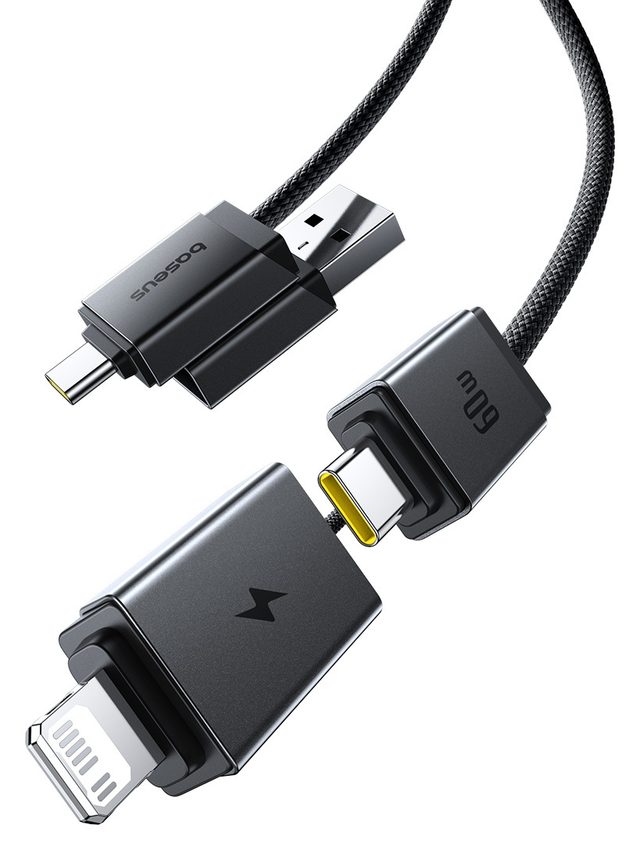 Кабель Baseus Versatile Two-for-Two USB-A/USB-C – USB-C/Lightning 60W 1 м, чёрный — Фото 2