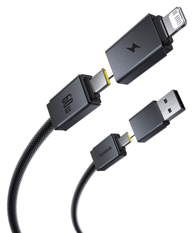 Кабель Baseus Versatile Two-for-Two USB-A/USB-C – USB-C/Lightning 60W 1 м, чёрный — Фото 4