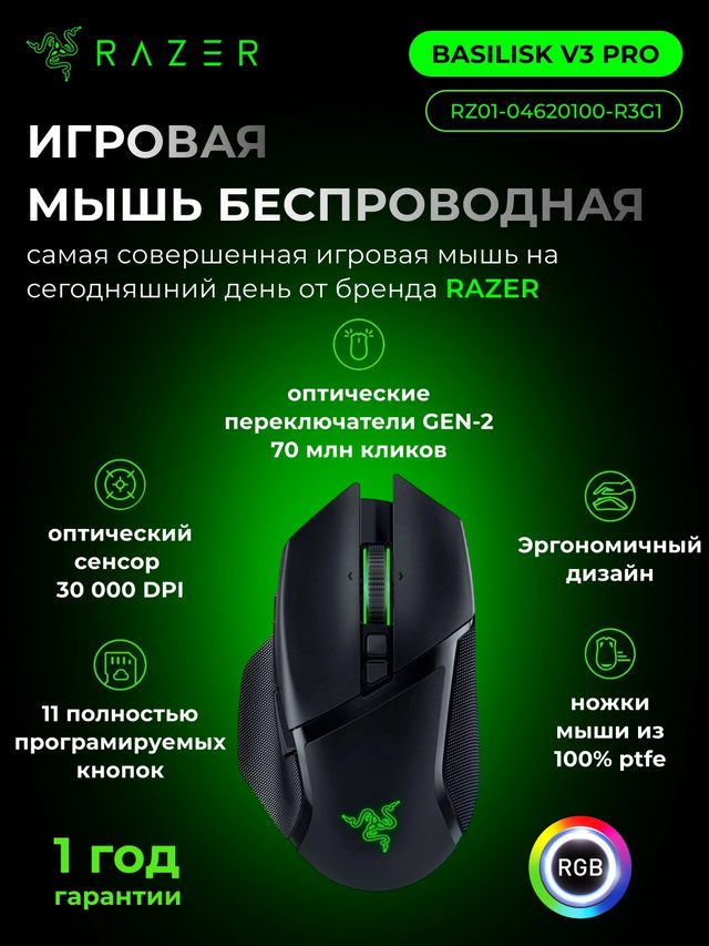 Беспроводная игровая мышь Razer Basilisk V3 Pro, чёрный — Фото 2