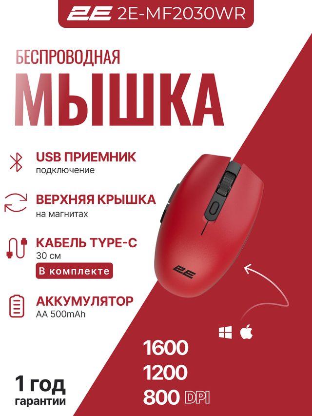 Simsiz sichqoncha 2E MF2030, qizil — Surat 2