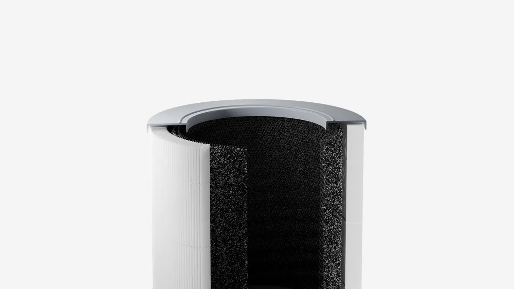 Xiaomi Smart Air Purifier 4 Compact ning 3 in 1 filtri kesimda — toʻr, yuqori samarali qatlam va koʻmir