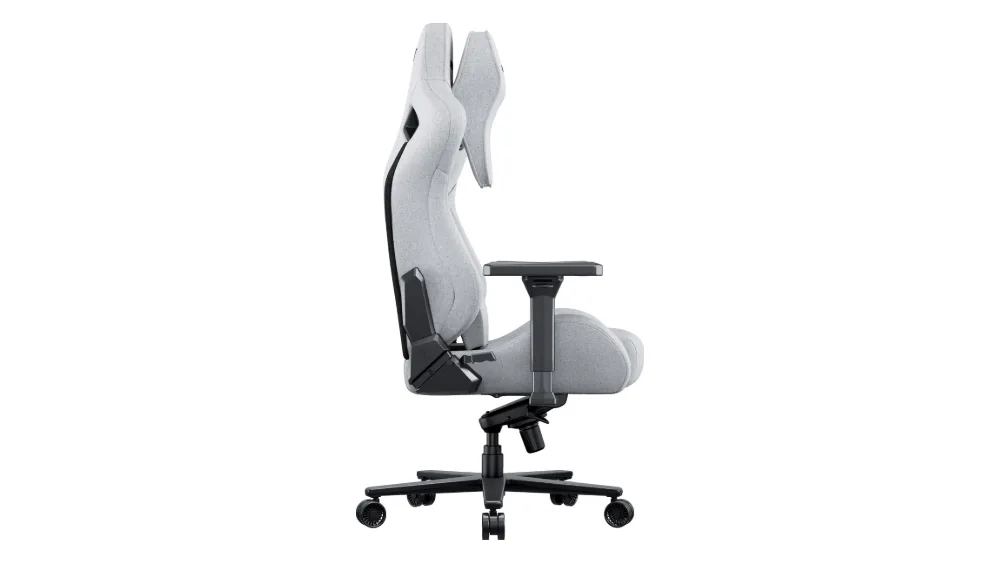 Kulrang zigʻir matoli AndaSeat Kaiser 2 Pro XL yon tomondan: baland suyanchiq va chuqur oʻrindiq