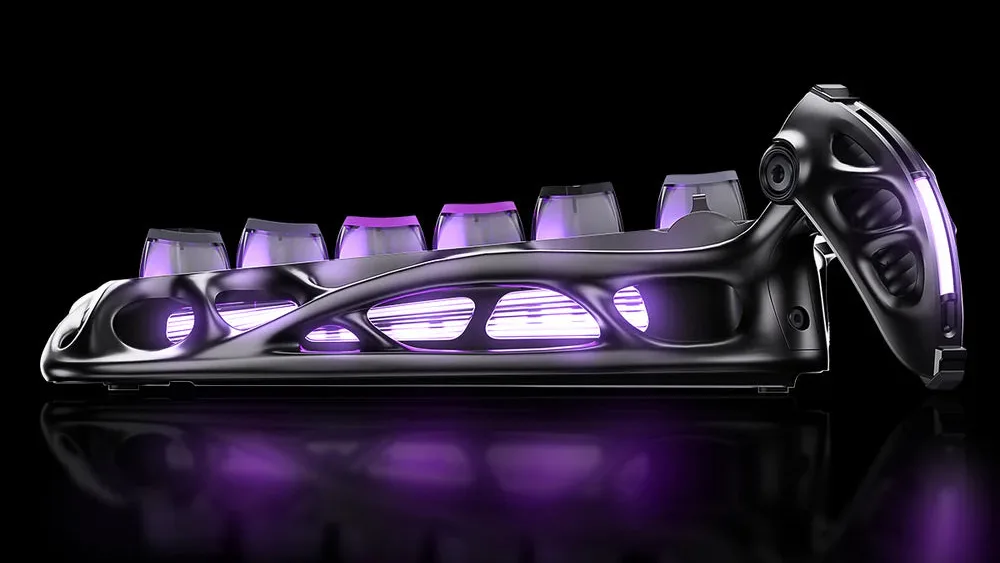GravaStar Mercury K1 Pro Cyberpunk yon tomondan: alyuminiy korpus va yoritilgan tayanch