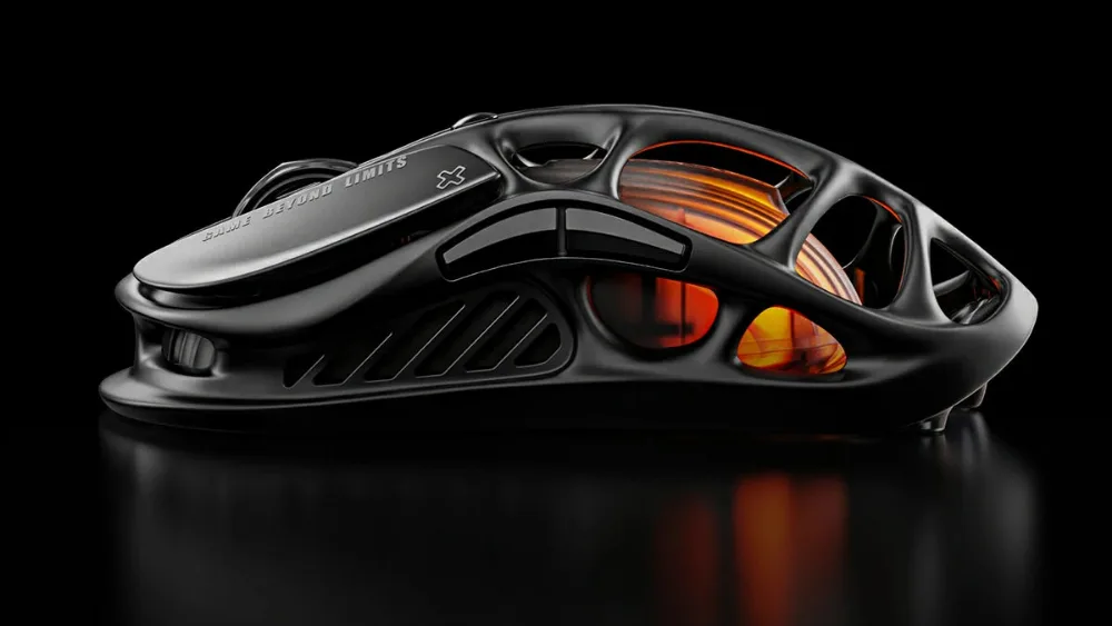 GravaStar Mercury M2 Stealth Black сбоку: низкий корпус-скелет с вырезами