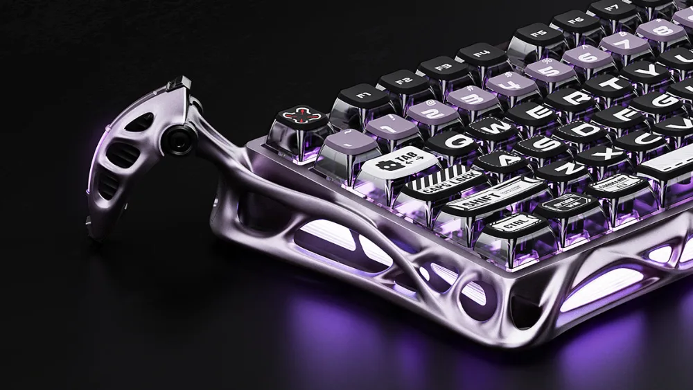 GravaStar Mercury V75 Pro Iron Purple korpusining binafsha yoritishli burchagi