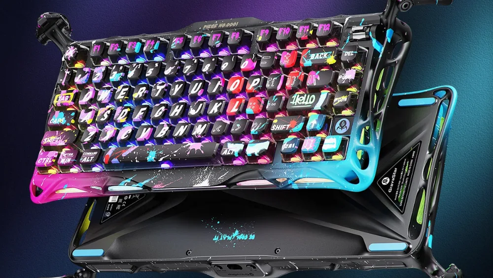 GravaStar Mercury V75 Pro Neon Graffiti: tugmali yuqori qismi alyuminiy asos ustida koʻtarilgan