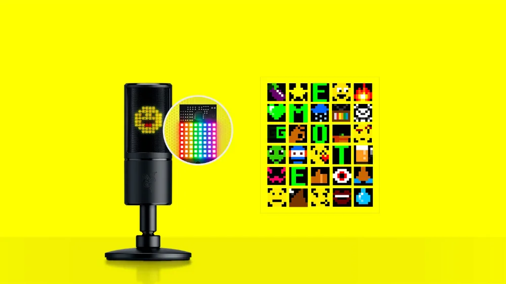 Yorugʻlik diodli ekranida smayl bor Razer Seiren Emote va yonida piksel smayllar toʻplami