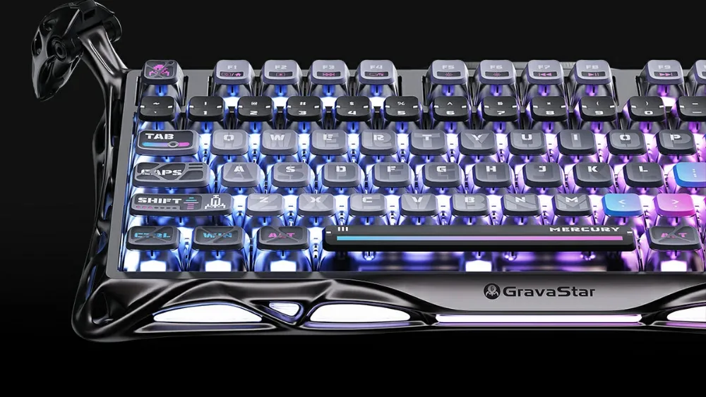 GravaStar Mercury K1 Pro Cyberpunk klaviaturasi: binafsha yoritgichli kulrang va havorang qalpoqchalar
