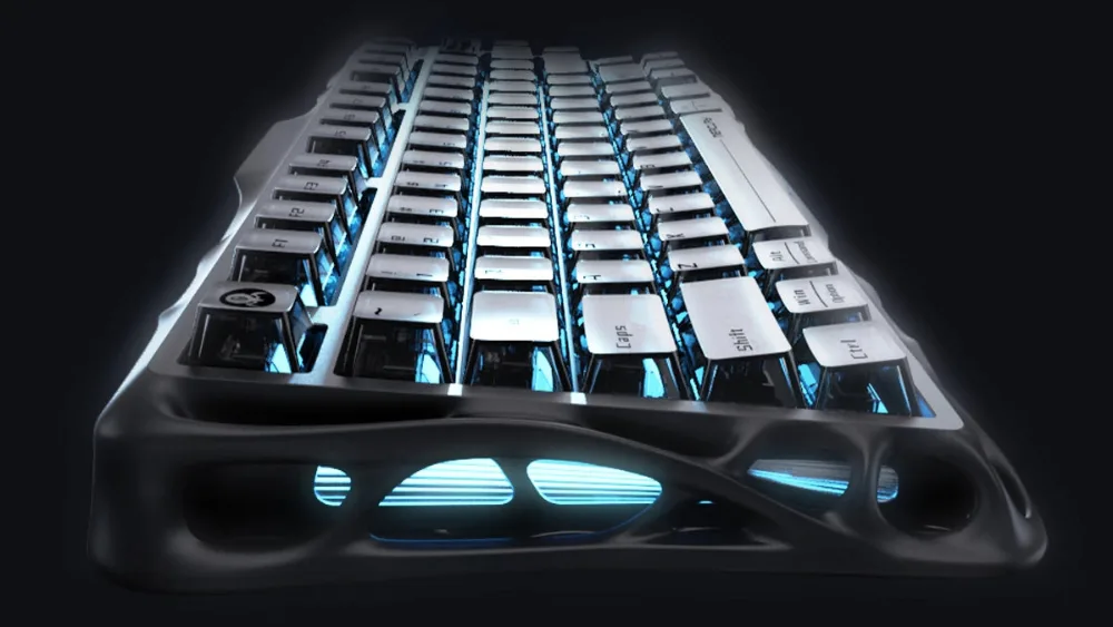 Tugmalari va korpus teshiklari yoritilgan GravaStar Mercury K1 Stealth Black mexanik klaviaturasi