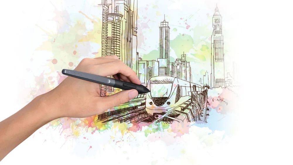 Huion perosini ushlagan qoʻl poyezdli shahar eskizini chizmoqda