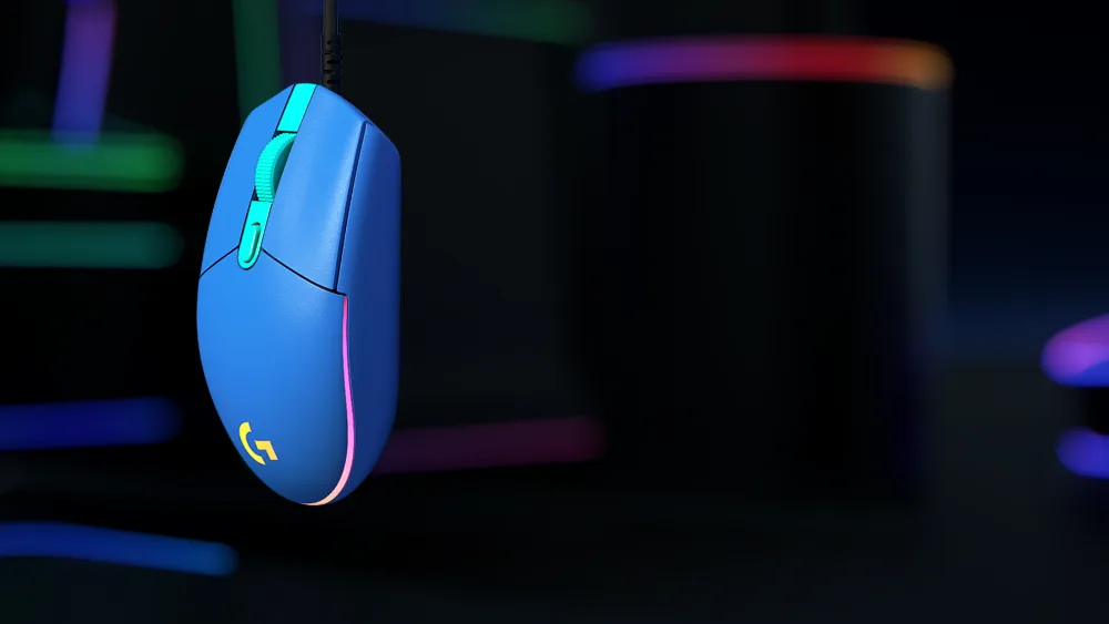 Toʻq fonda yoritilgan koʻk Logitech G203 LIGHTSYNC sichqonchasi