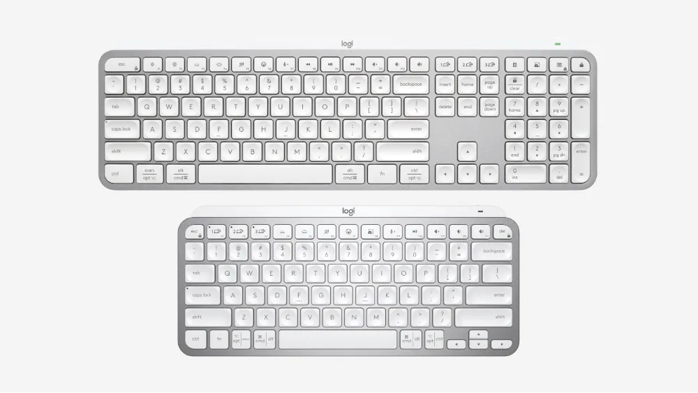 Ikkita och kulrang Logitech MX Keys klaviaturasi — toʻliq oʻlchamli va ixcham
