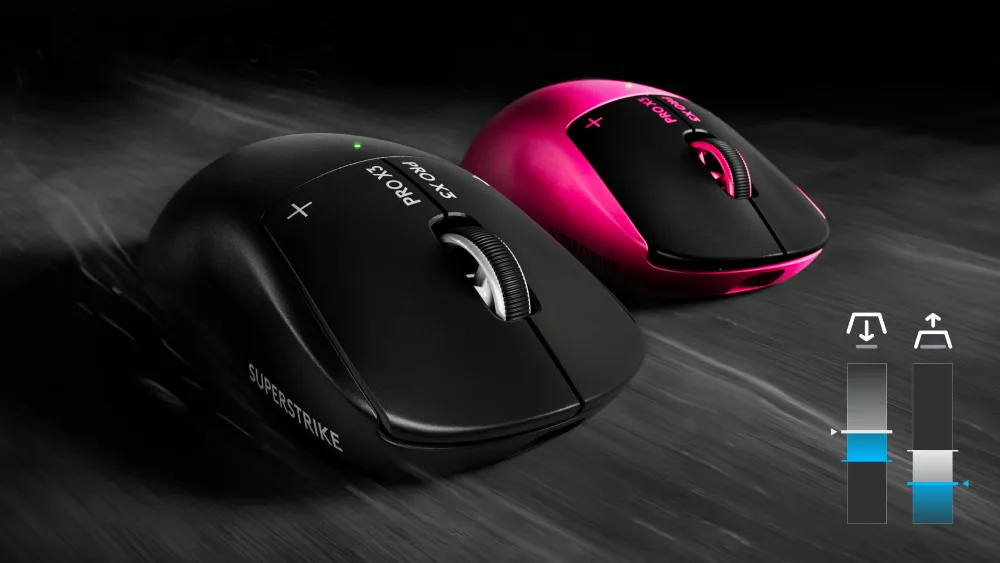 Ikkita Logitech PRO X3 SUPERSTRIKE sichqonchasi — qora va pushti