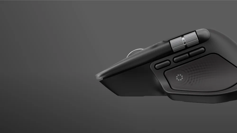 Logitech MX Master 4 сбоку — тихие кнопки Quiet Clicks и боковые кнопки