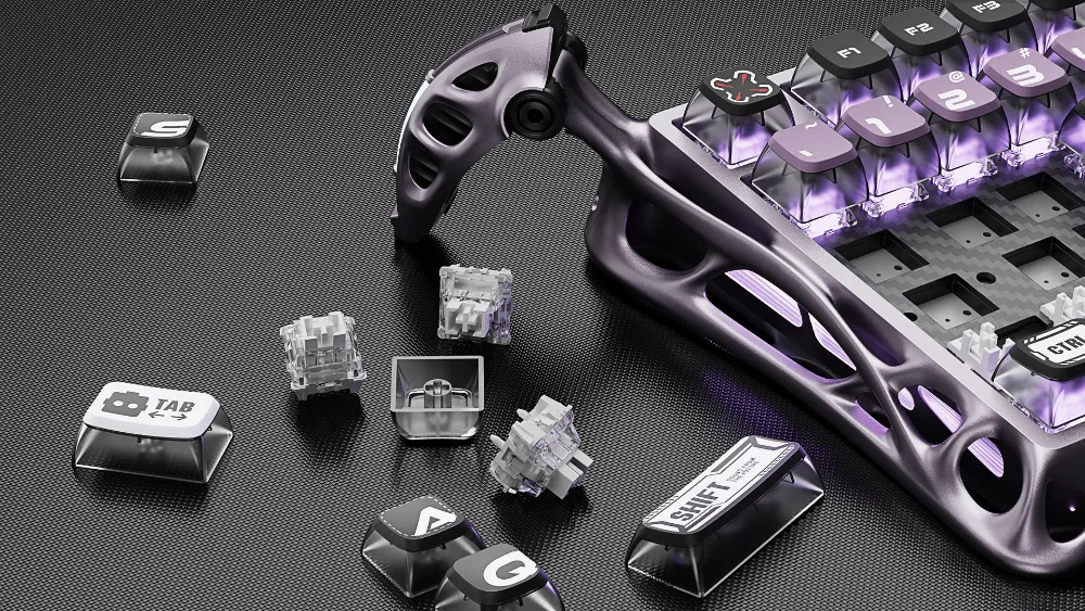 GravaStar Mercury V75 Pro Iron Purple: klaviatura yonida sugʻurib olingan magnitli kalitlar va qalpoqchalar