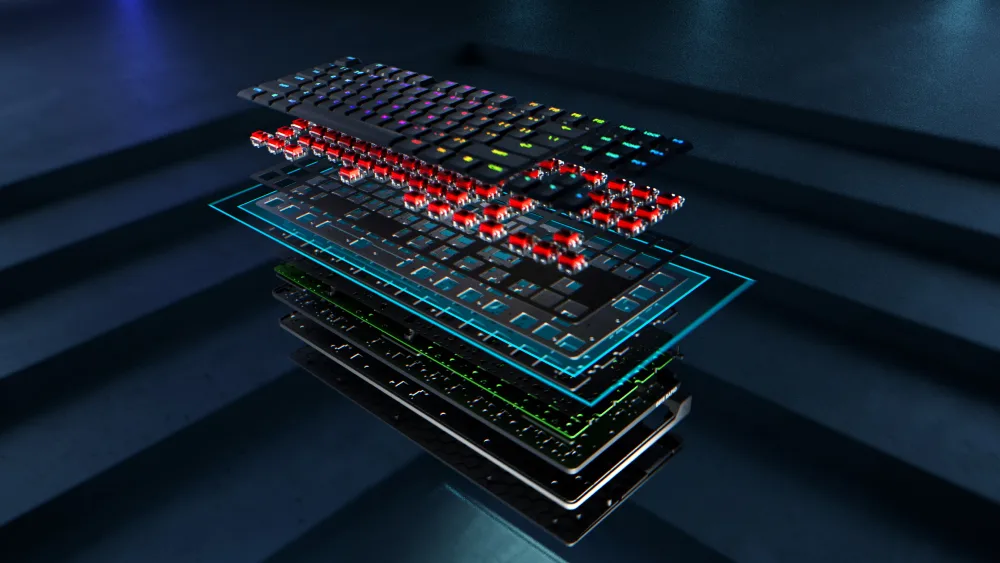 Logitech G515 RAPID TKL qatlamlari: qalpoqchalar, kalitlar va poʻlat plastina alohida