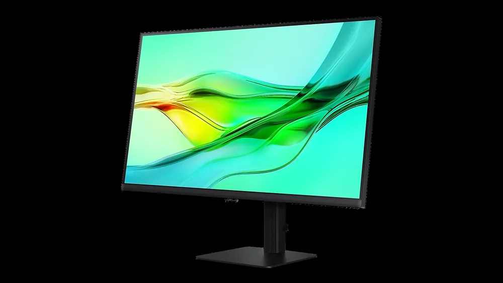 Tagligidagi Samsung ViewFinity S6 32″, yarim yondan koʻrinish