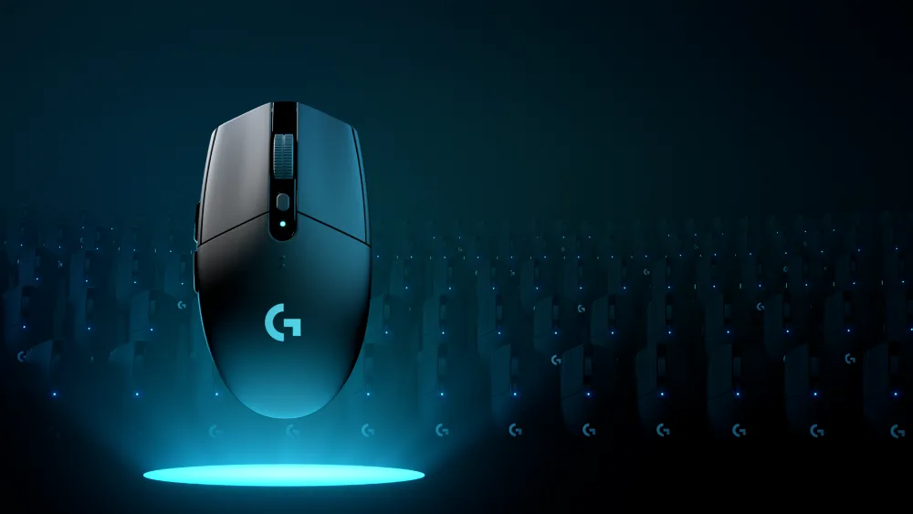 Havorang yoritgich ustidagi qora Logitech G305 Lightspeed sichqonchasi