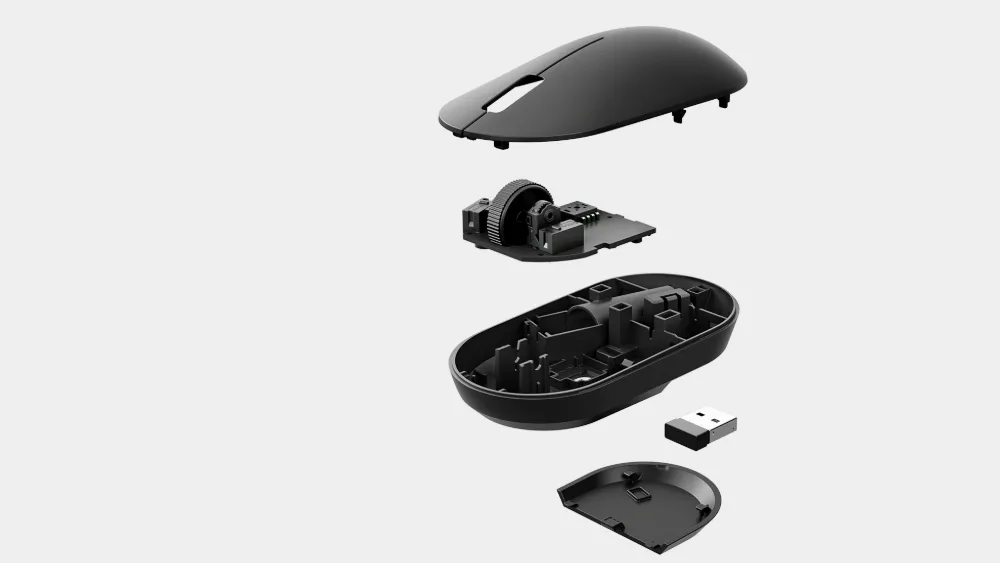 Qismlarga ajratilgan Xiaomi Wireless Mouse Lite 2: nano qabul qilgich va korpus ostidagi boʻlim