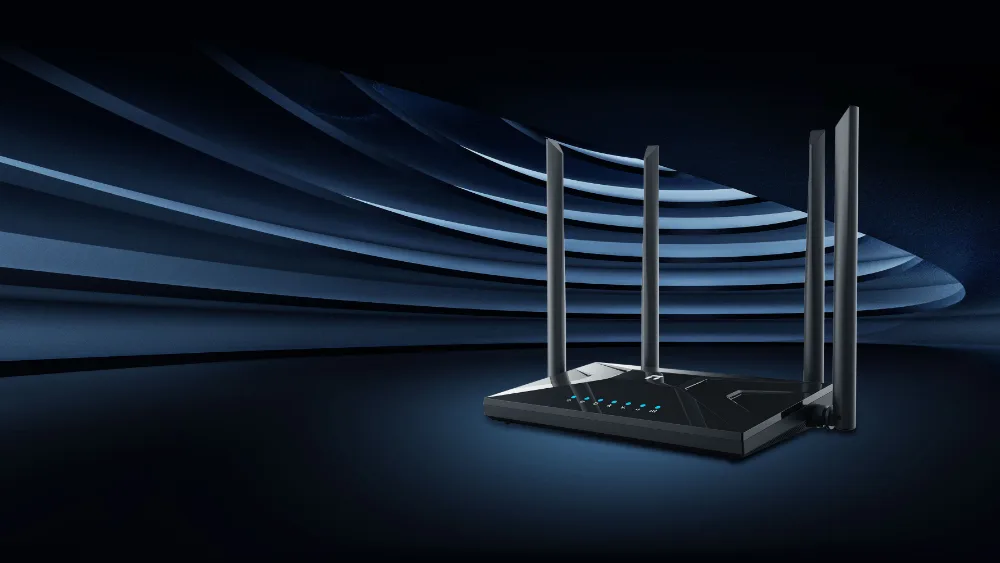 Роутер 4G Netis MW5360 с четырьмя антеннами на тёмном фоне
