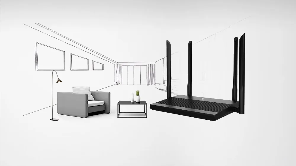 Роутер Netis N3D с четырьмя антеннами на фоне эскиза комнаты