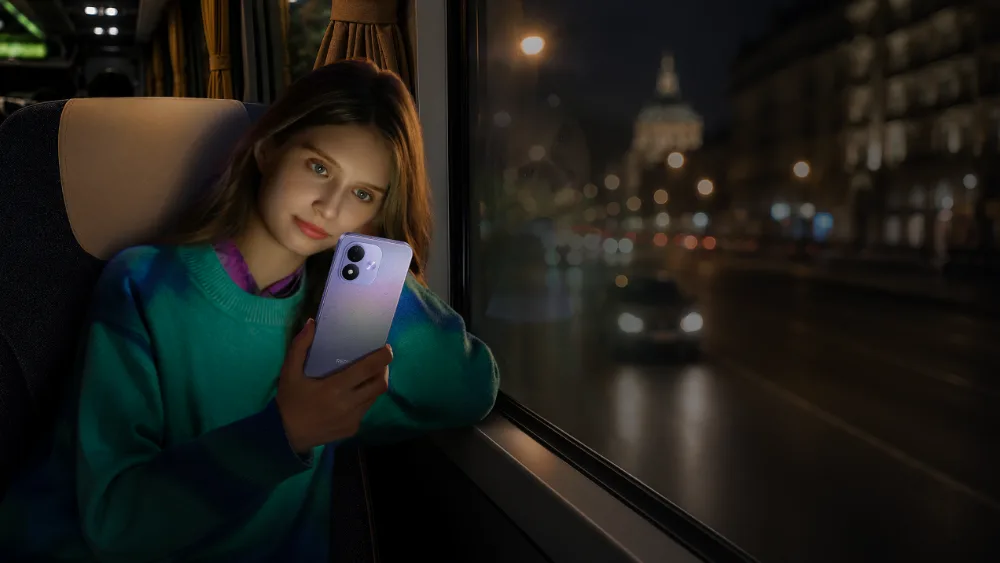 Kechqurun yoʻlda Redmi Note 17 ushlagan qiz — ikki kunga 7700 mA·soat