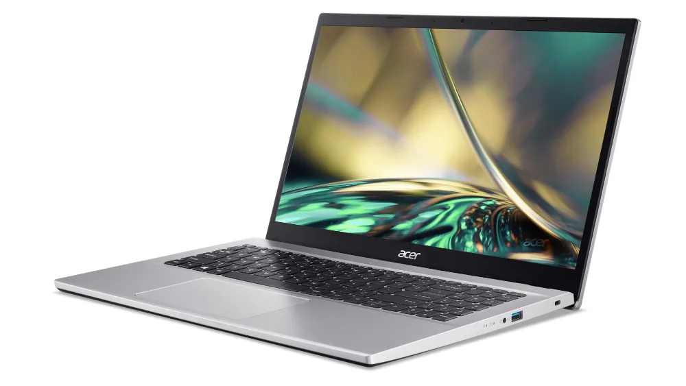 Ноутбук Acer Aspire 3 серебристого цвета, открытый, вид сбоку