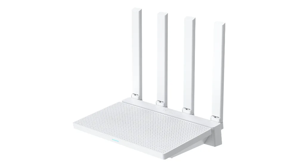 Xiaomi Router AX3000T под углом: белый корпус и четыре антенны