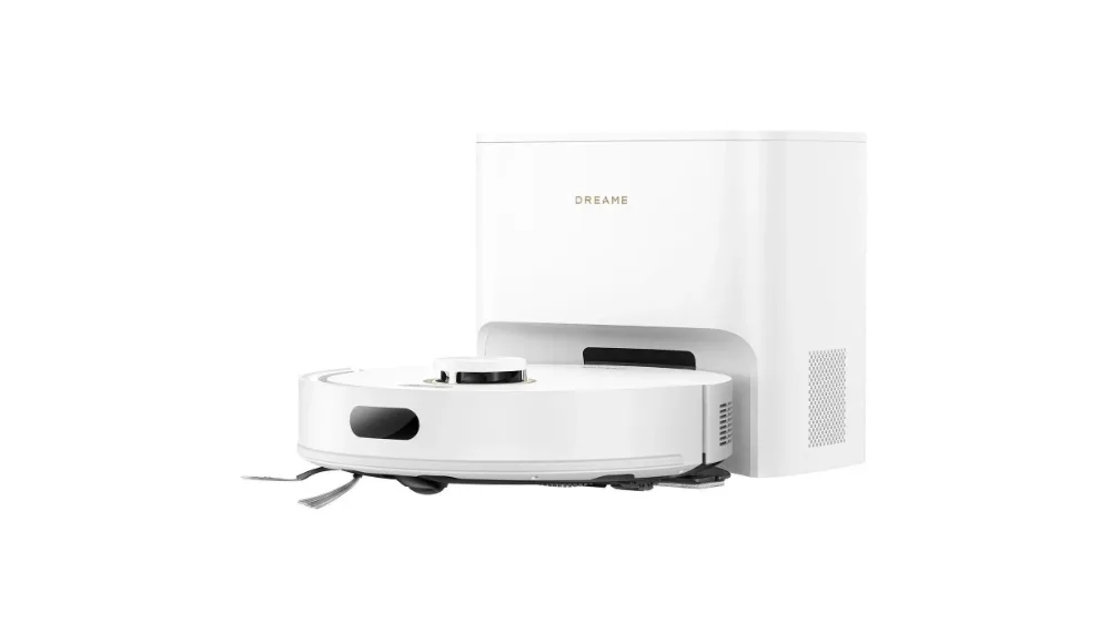 Робот-пылесос Dreame F21 Plus на станции самоочистки, белый фон